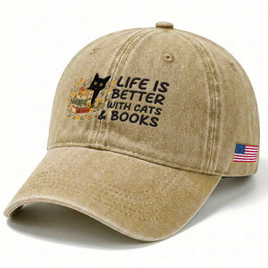 Life Is Better With Cats And Books Washed Cotton Baseball Cap Funny Black Cat Book Lover TS12 Print Your Wear