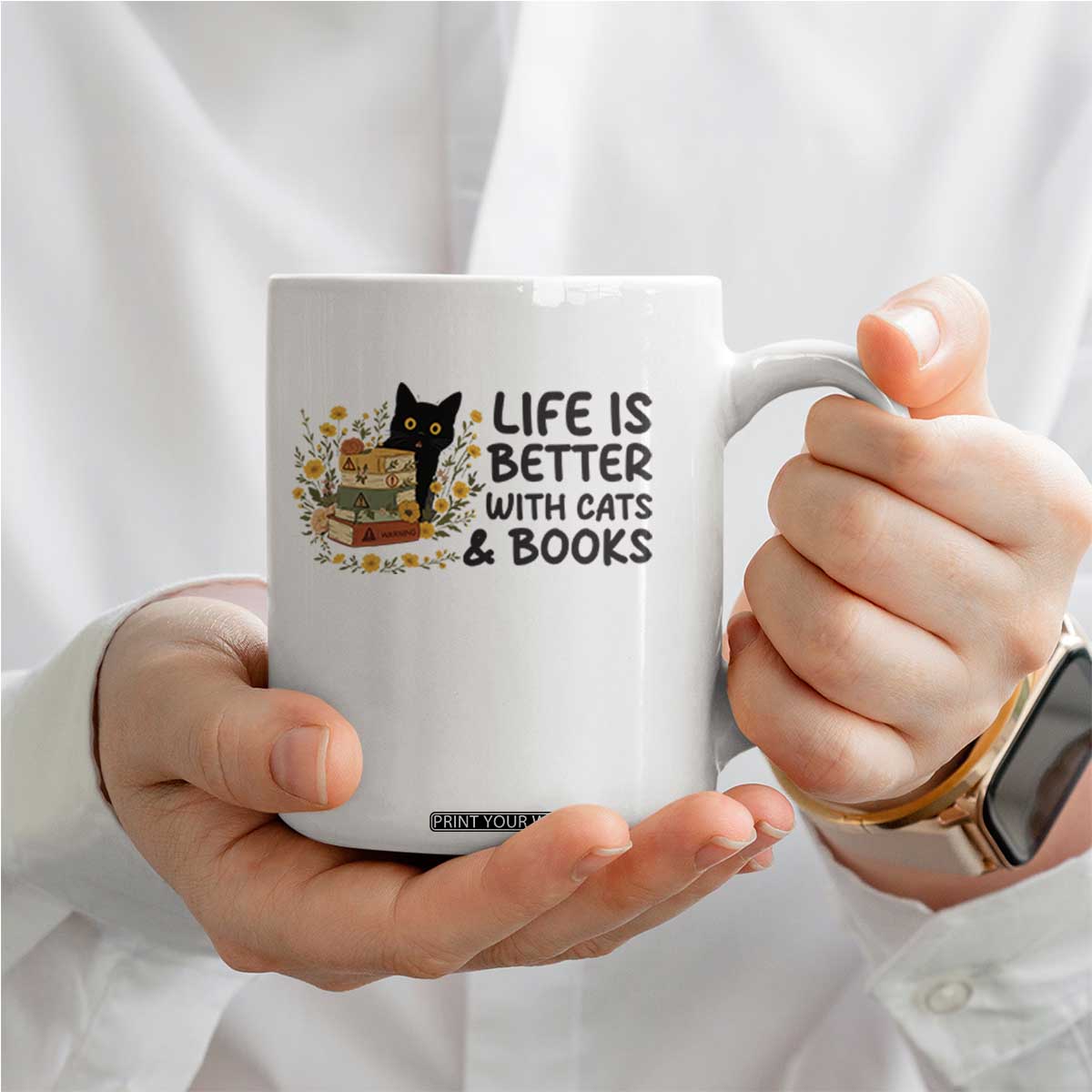 Life Is Better With Cats And Books Coffee Mug Funny Black Cat Book Lover TS12 Print Your Wear