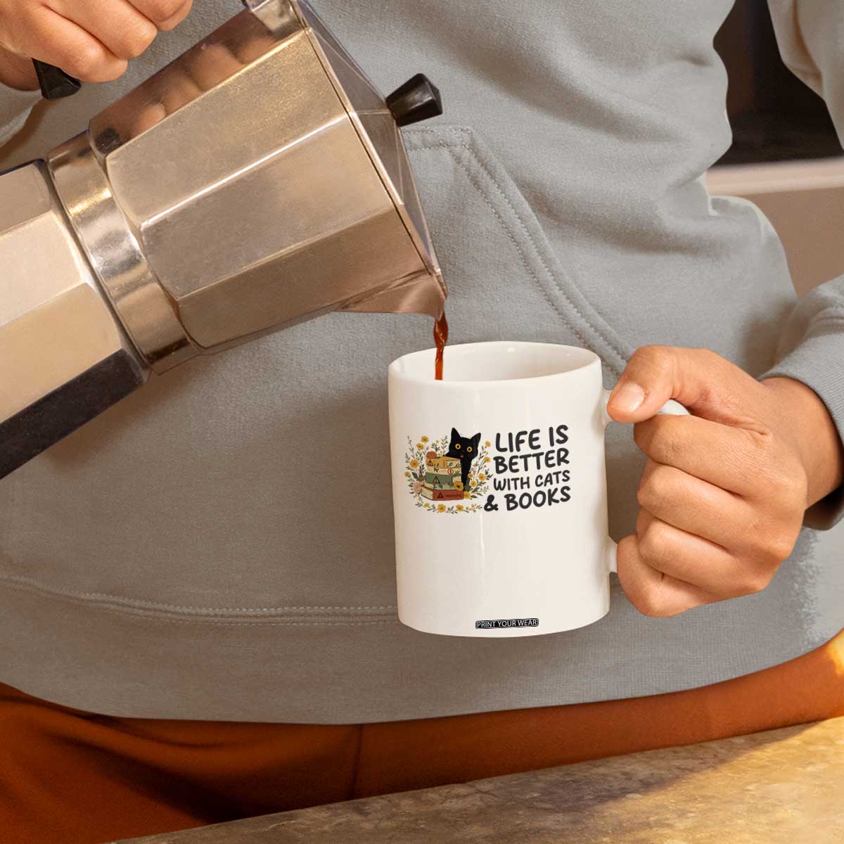 Life Is Better With Cats And Books Coffee Mug Funny Black Cat Book Lover TS12 Print Your Wear