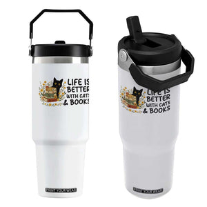 Life Is Better With Cats And Books Flip Straw Tumbler Funny Black Cat Book Lover TS12 One Size: 30 oz White Print Your Wear