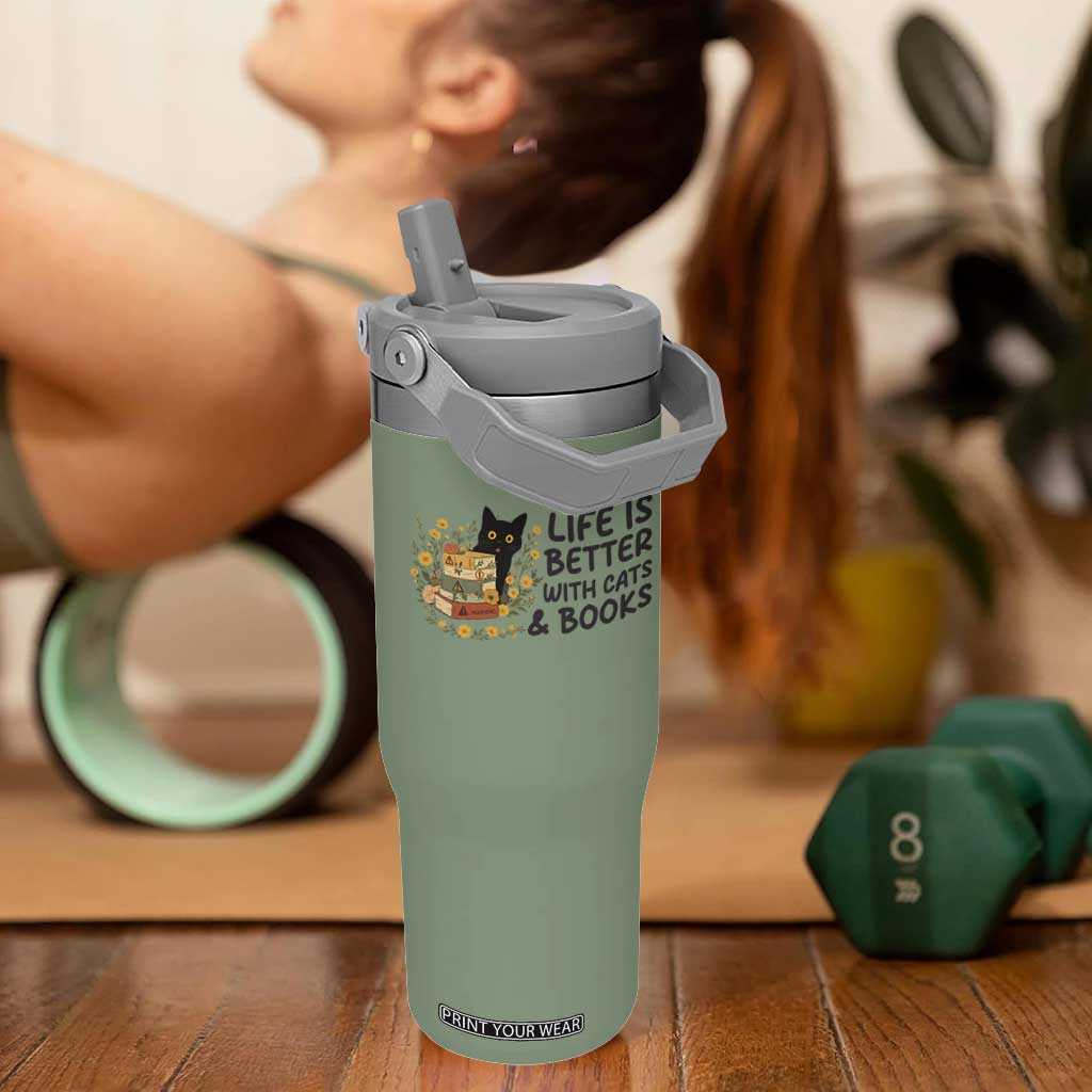 Life Is Better With Cats And Books Flip Straw Tumbler Funny Black Cat Book Lover TS12 One Size: 30 oz Moss Green Print Your Wear