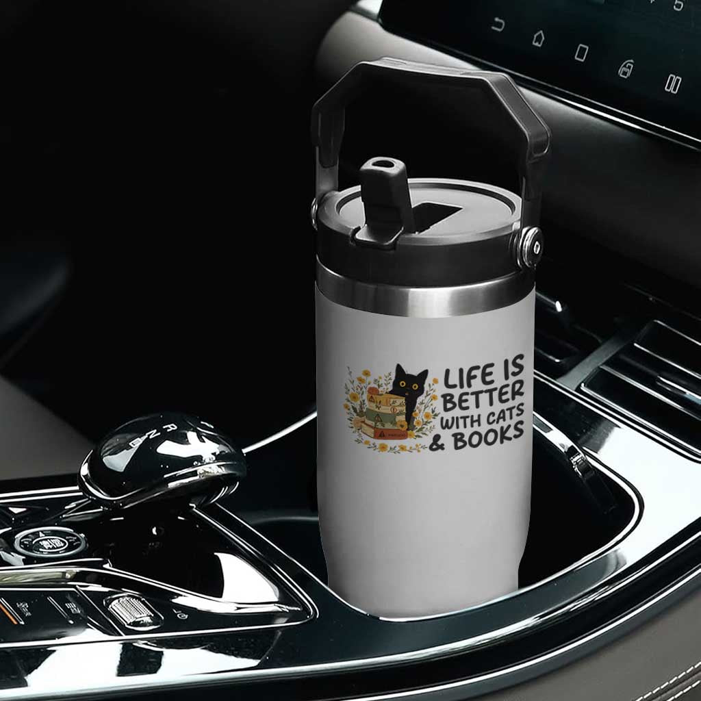 Life Is Better With Cats And Books Flip Straw Tumbler Funny Black Cat Book Lover TS12 Print Your Wear