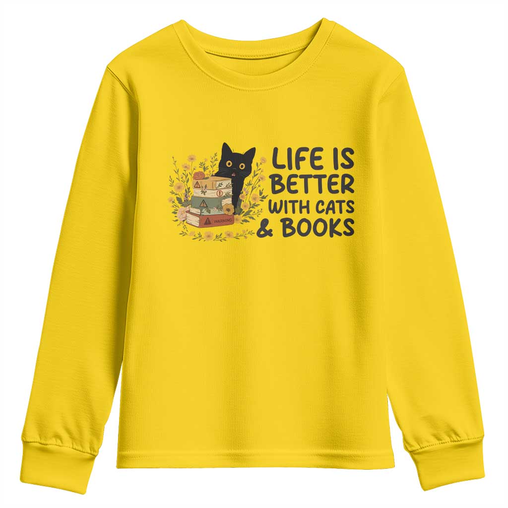 Life Is Better With Cats And Books Youth Sweatshirt Funny Black Cat Book Lover TS12 Daisy Print Your Wear