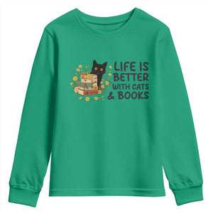 Life Is Better With Cats And Books Youth Sweatshirt Funny Black Cat Book Lover TS12 Irish Green Print Your Wear