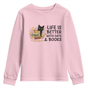 Life Is Better With Cats And Books Youth Sweatshirt Funny Black Cat Book Lover TS12 Light Pink Print Your Wear