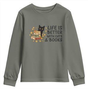 Life Is Better With Cats And Books Youth Sweatshirt Funny Black Cat Book Lover TS12 Military Green Print Your Wear