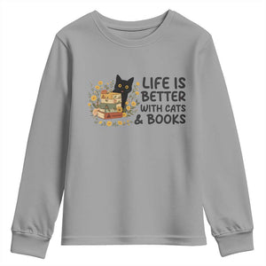 Life Is Better With Cats And Books Youth Sweatshirt Funny Black Cat Book Lover TS12 Sport Gray Print Your Wear