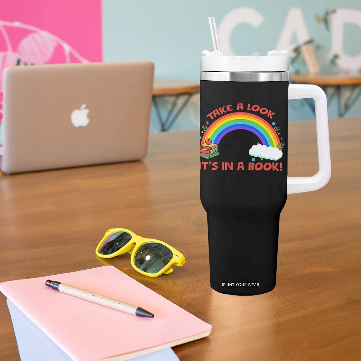 Take A Look It Is In A Book Tumbler With Handle Cute Rainbow Book Educational Quote TS12 Print Your Wear