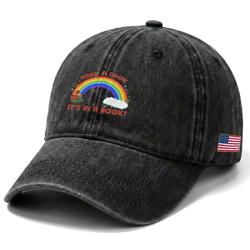Take A Look It Is In A Book Washed Cotton Baseball Cap Cute Rainbow Book Educational Quote TS12 Print Your Wear