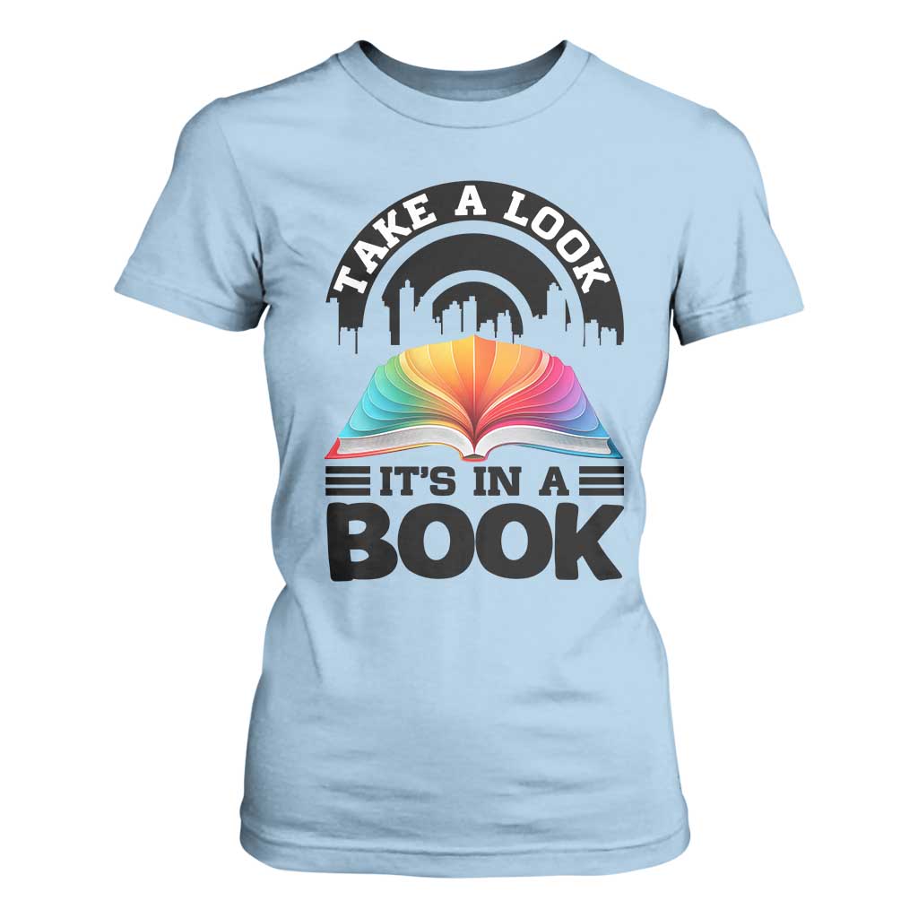 Take A Look It Is In A Book T Shirt For Women Reading Retro Rainbow Vintage TS12 Light Blue Print Your Wear