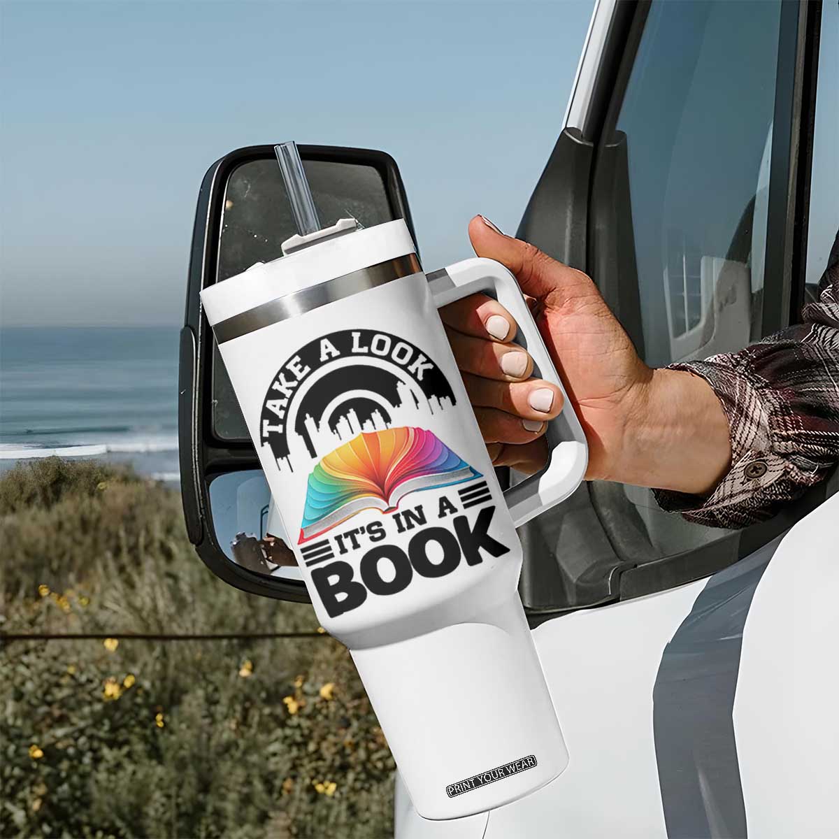 Take A Look It Is In A Book Tumbler With Handle Reading Retro Rainbow Vintage TS12 Print Your Wear