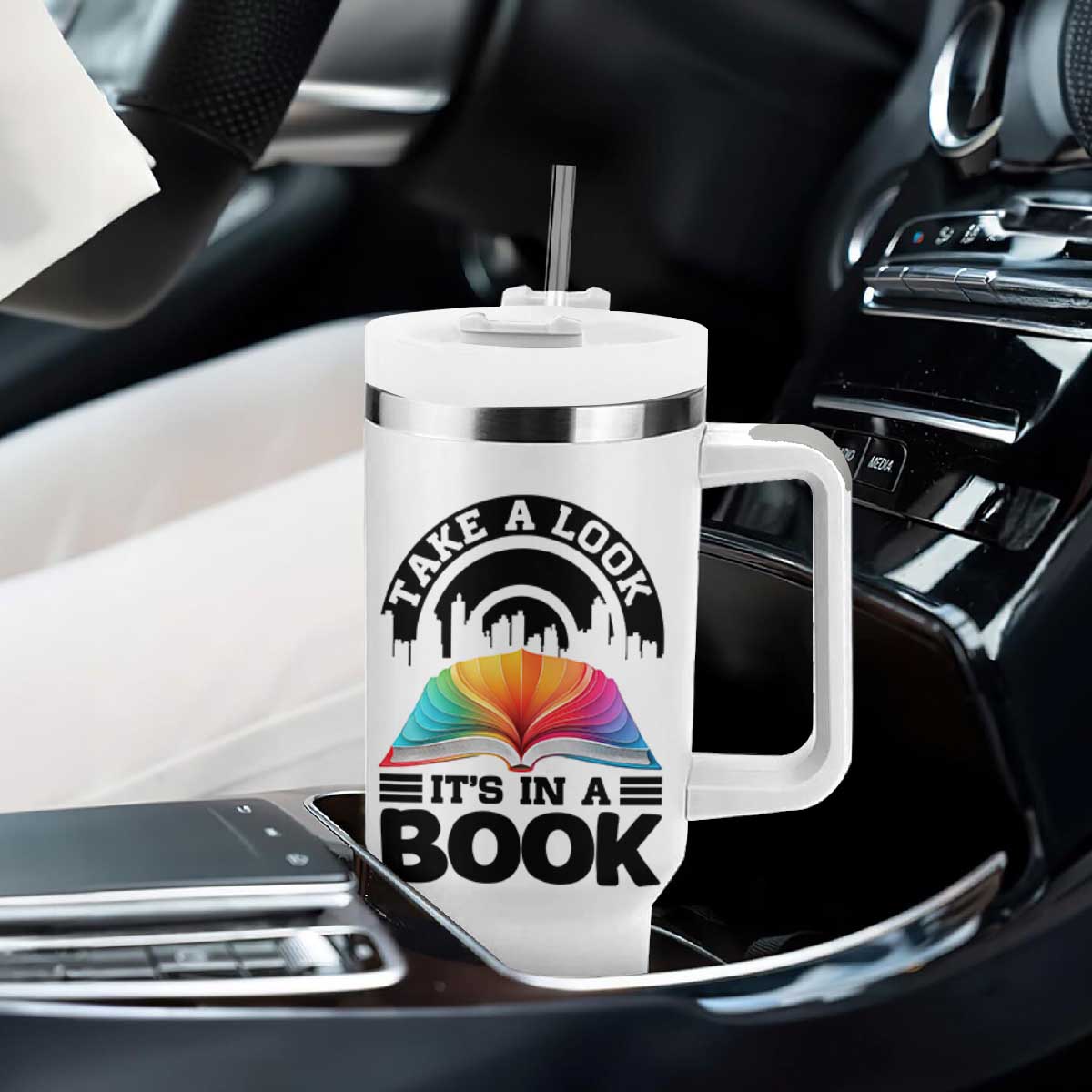 Take A Look It Is In A Book Tumbler With Handle Reading Retro Rainbow Vintage TS12 Print Your Wear