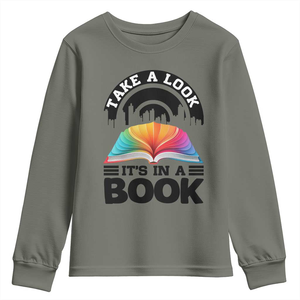 Take A Look It Is In A Book Youth Sweatshirt Reading Retro Rainbow Vintage TS12 Military Green Print Your Wear