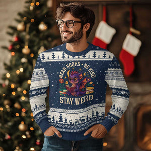 Dragon Read Book Ugly Christmas Sweater Funny Read Books Be Kind Stay Weird TS12 Navy Beige Print Your Wear