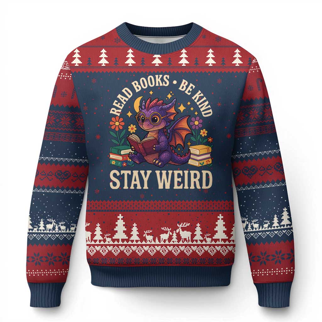 Dragon Read Book Ugly Christmas Sweater Funny Read Books Be Kind Stay Weird TS12 Navy Red Print Your Wear