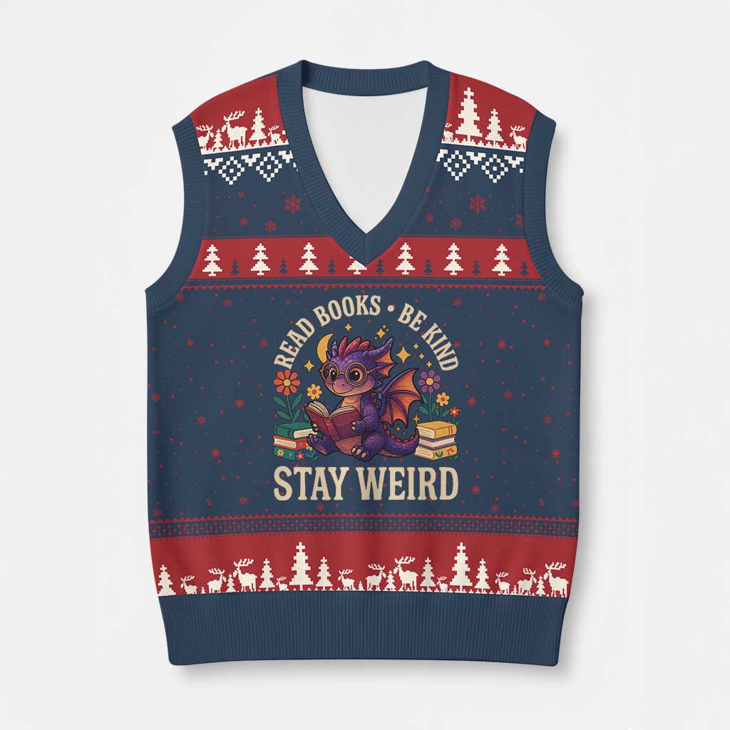 Dragon Read Book V-Neck Knit Sweater Vest Funny Read Books Be Kind Stay Weird TS12 Navy Red Print Your Wear