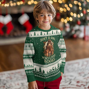 Just A Girl Who Loves Books Ugly Christmas Sweater Funny Bookworm Quote TS12 Forest Green Beige Print Your Wear