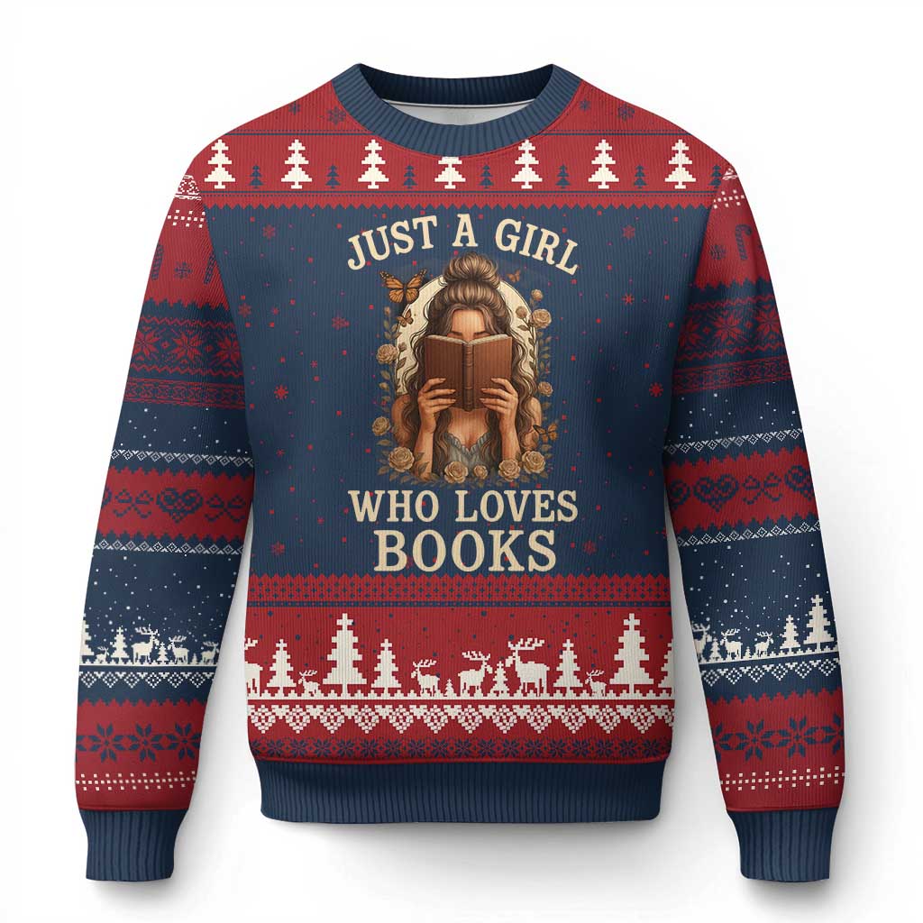 Just A Girl Who Loves Books Ugly Christmas Sweater Funny Bookworm Quote TS12 Navy Red Print Your Wear