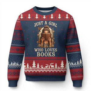 Just A Girl Who Loves Books Ugly Christmas Sweater Funny Bookworm Quote TS12 Navy Red Print Your Wear