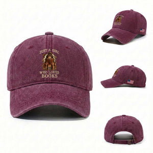 Just A Girl Who Loves Books Washed Cotton Baseball Cap Funny Bookworm Quote TS12 Washed Cap Universal Fit Burgundy Print Your Wear