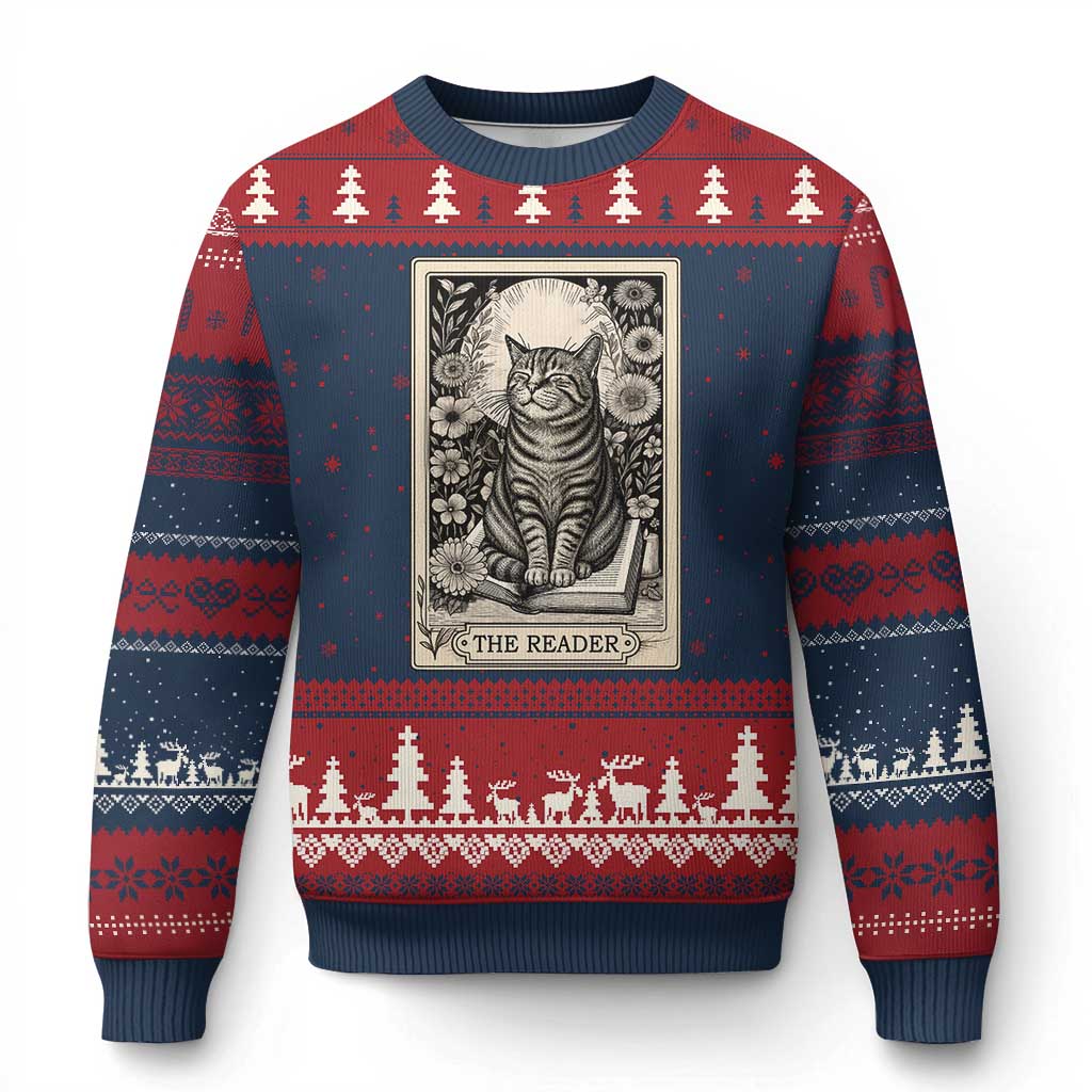 Funny Bookish Kitty Lover Ugly Christmas Sweater The Reader Tarot Card Book Lover Gift TS12 Navy Red Print Your Wear