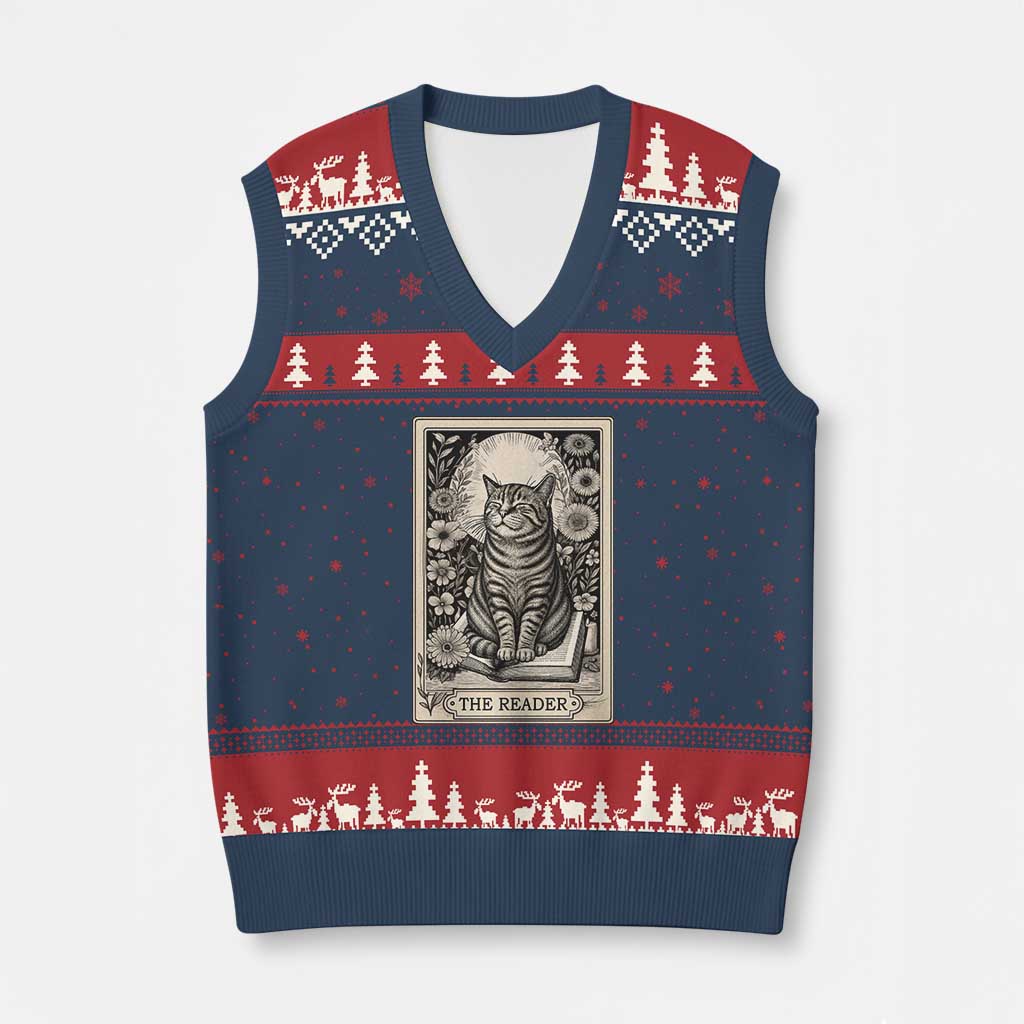 Funny Bookish Kitty Lover V-Neck Knit Sweater Vest The Reader Tarot Card Book Lover Gift TS12 Navy Red Print Your Wear