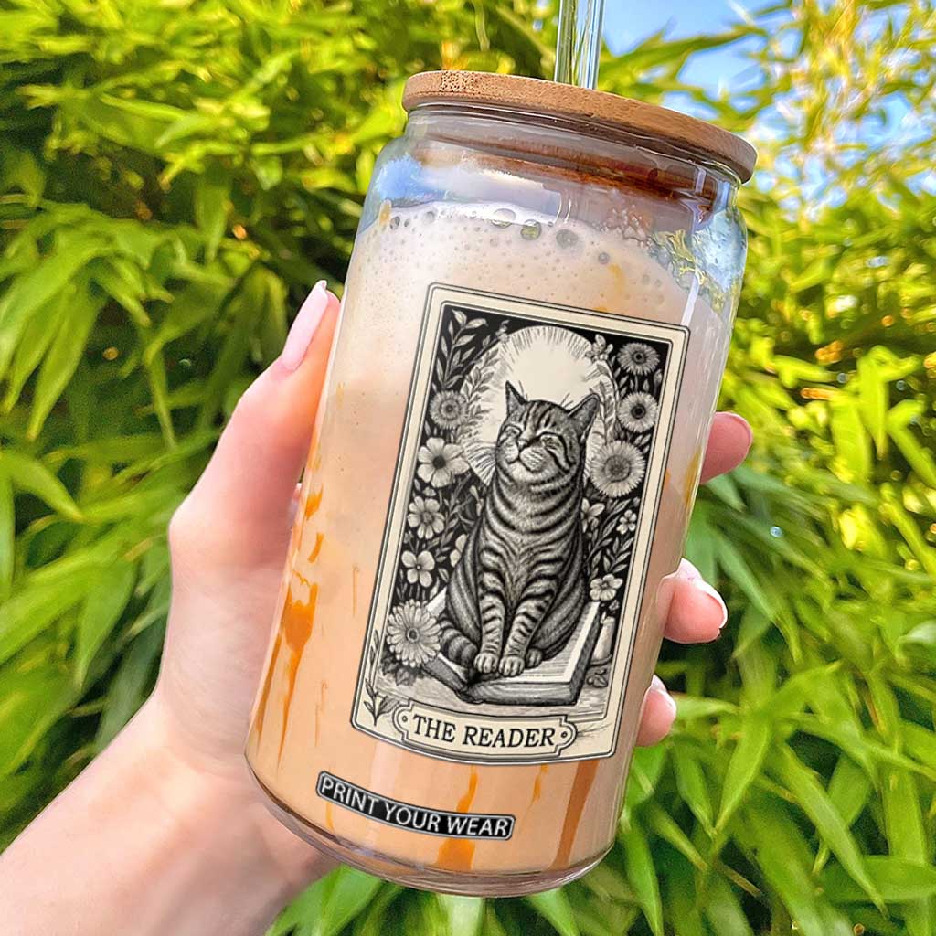 Funny Bookish Kitty Lover Glass Can The Reader Tarot Card Book Lover Gift TS12 Black Print Your Wear