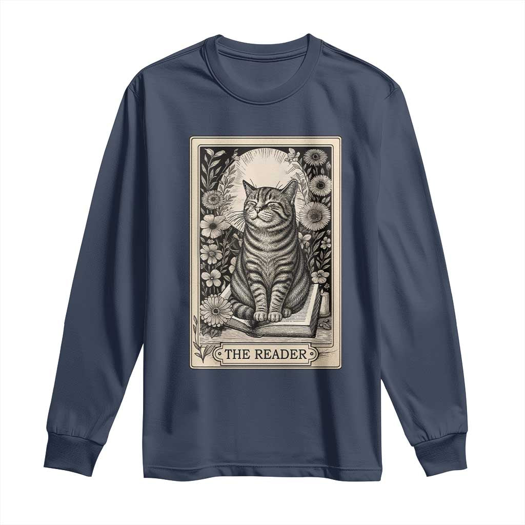 Funny Bookish Kitty Lover Long Sleeve Shirt The Reader Tarot Card Book Lover Gift TS12 Navy Print Your Wear