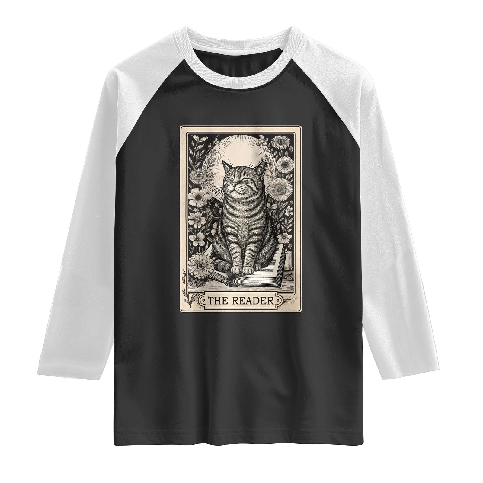 Funny Bookish Kitty Lover Raglan Shirt The Reader Tarot Card Book Lover Gift TS12 Black White Print Your Wear