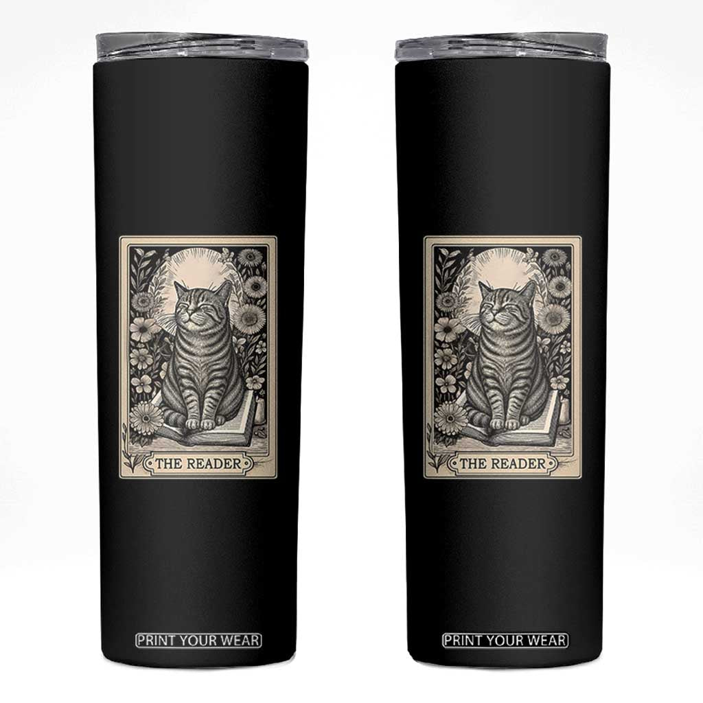 Funny Bookish Kitty Lover Skinny Tumbler The Reader Tarot Card Book Lover Gift TS12 Black Print Your Wear