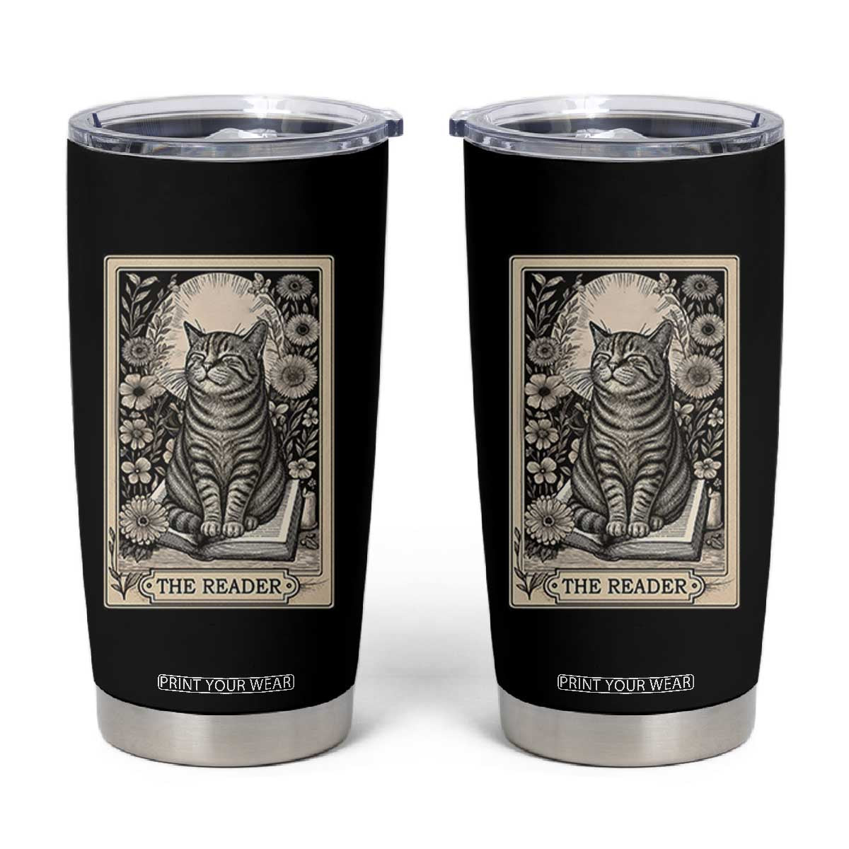 Funny Bookish Kitty Lover Tumbler Cup The Reader Tarot Card Book Lover Gift TS12 Black Print Your Wear
