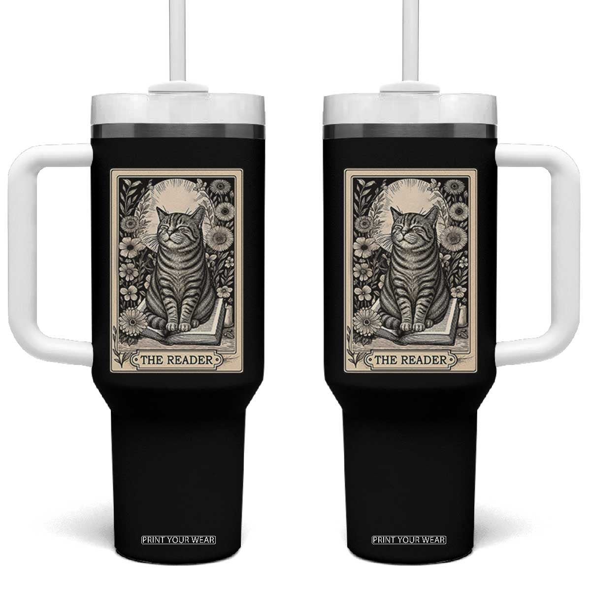 Funny Bookish Kitty Lover Tumbler With Handle The Reader Tarot Card Book Lover Gift