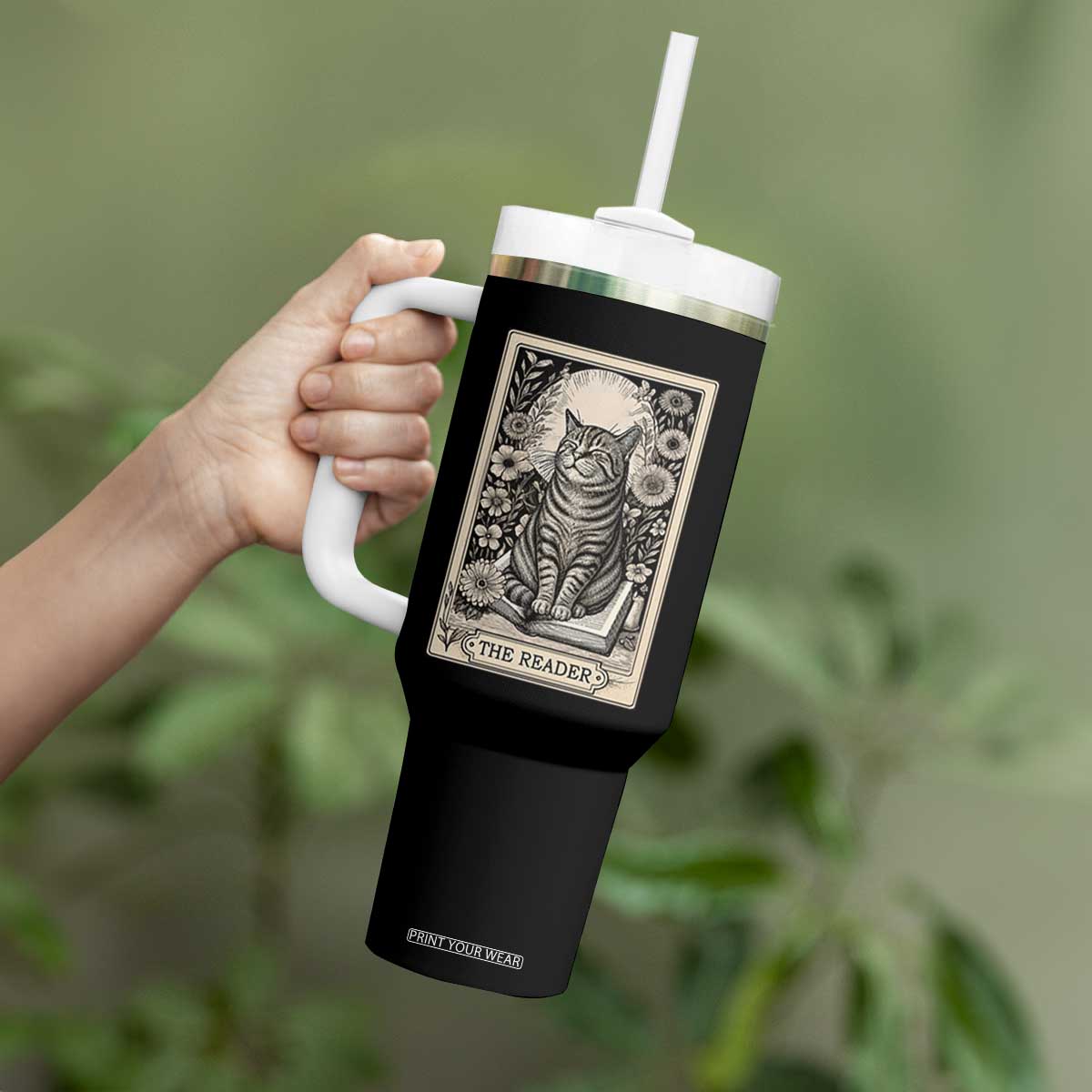 Funny Bookish Kitty Lover Tumbler With Handle The Reader Tarot Card Book Lover Gift