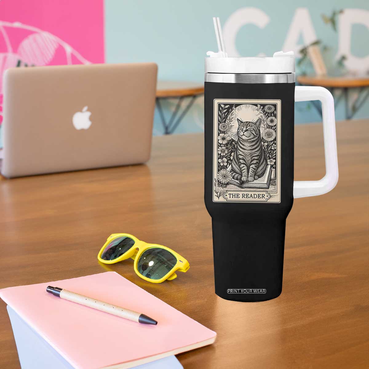 Funny Bookish Kitty Lover Tumbler With Handle The Reader Tarot Card Book Lover Gift