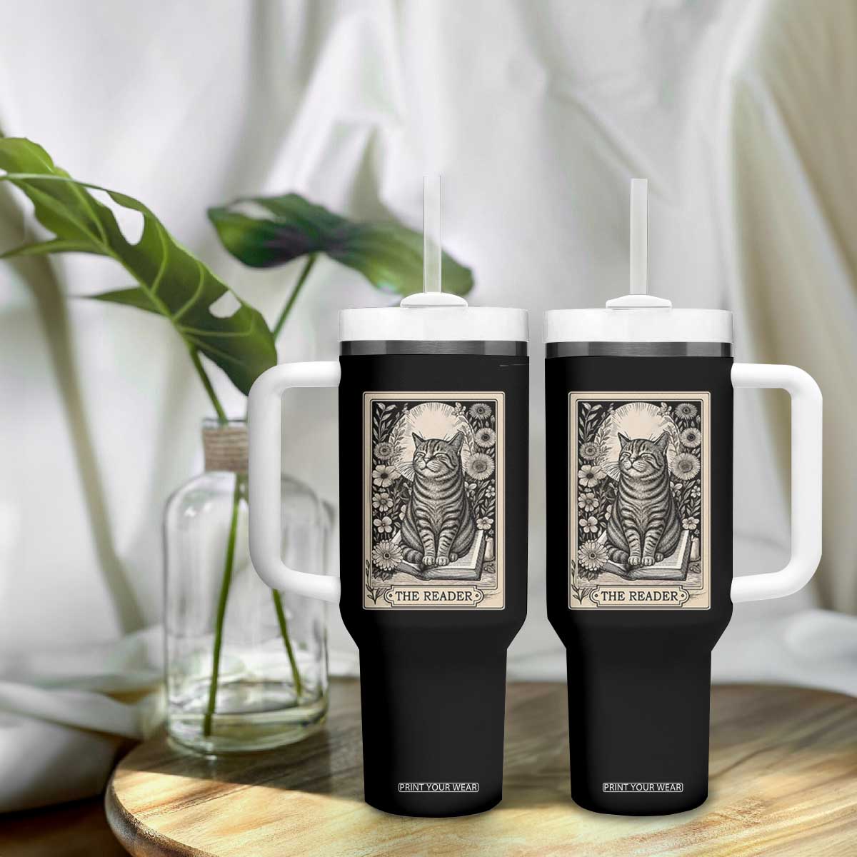 Funny Bookish Kitty Lover Tumbler With Handle The Reader Tarot Card Book Lover Gift