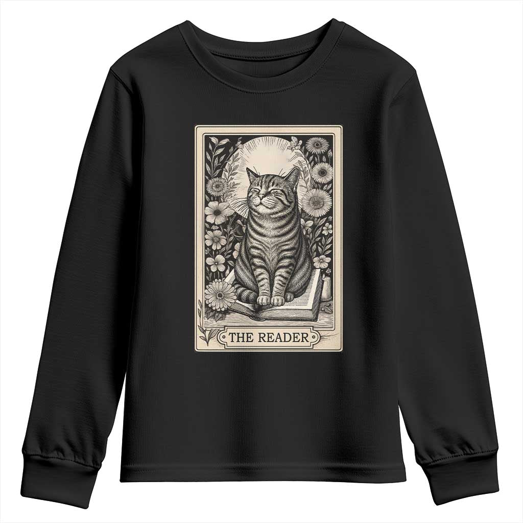 Funny Bookish Kitty Lover Youth Sweatshirt The Reader Tarot Card Book Lover Gift TS12 Black Print Your Wear