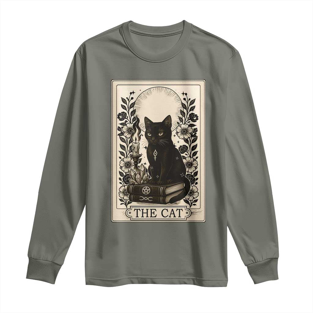 Funny The Cat Book Long Sleeve Shirt Kitty Lover Tarot Card TS12 Military Green Print Your Wear