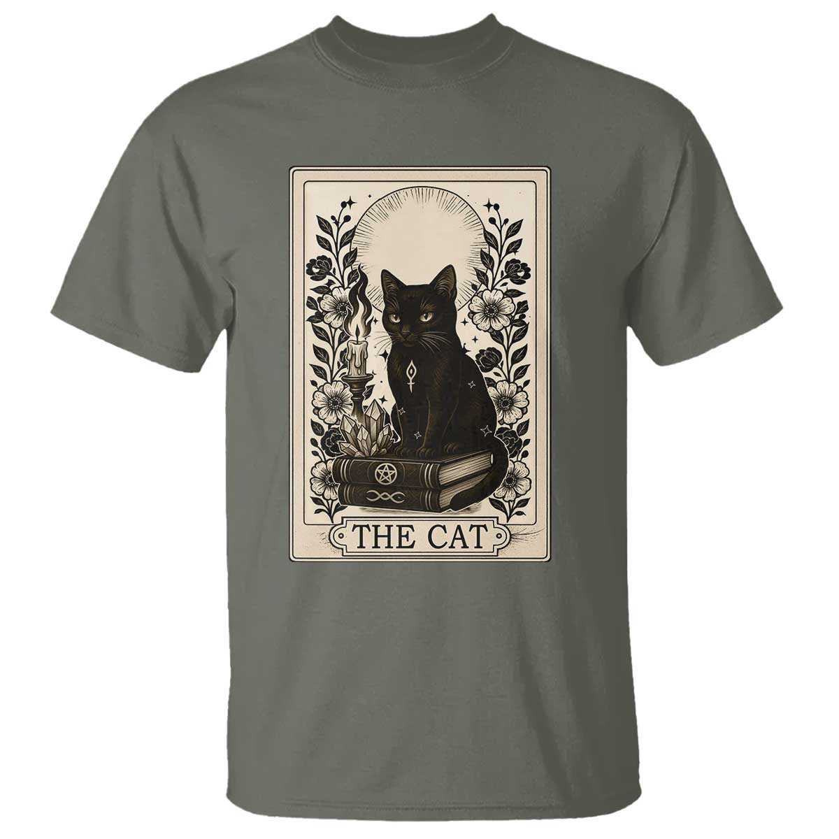 Funny The Cat Book T Shirt Kitty Lover Tarot Card TS12 Military Green Print Your Wear