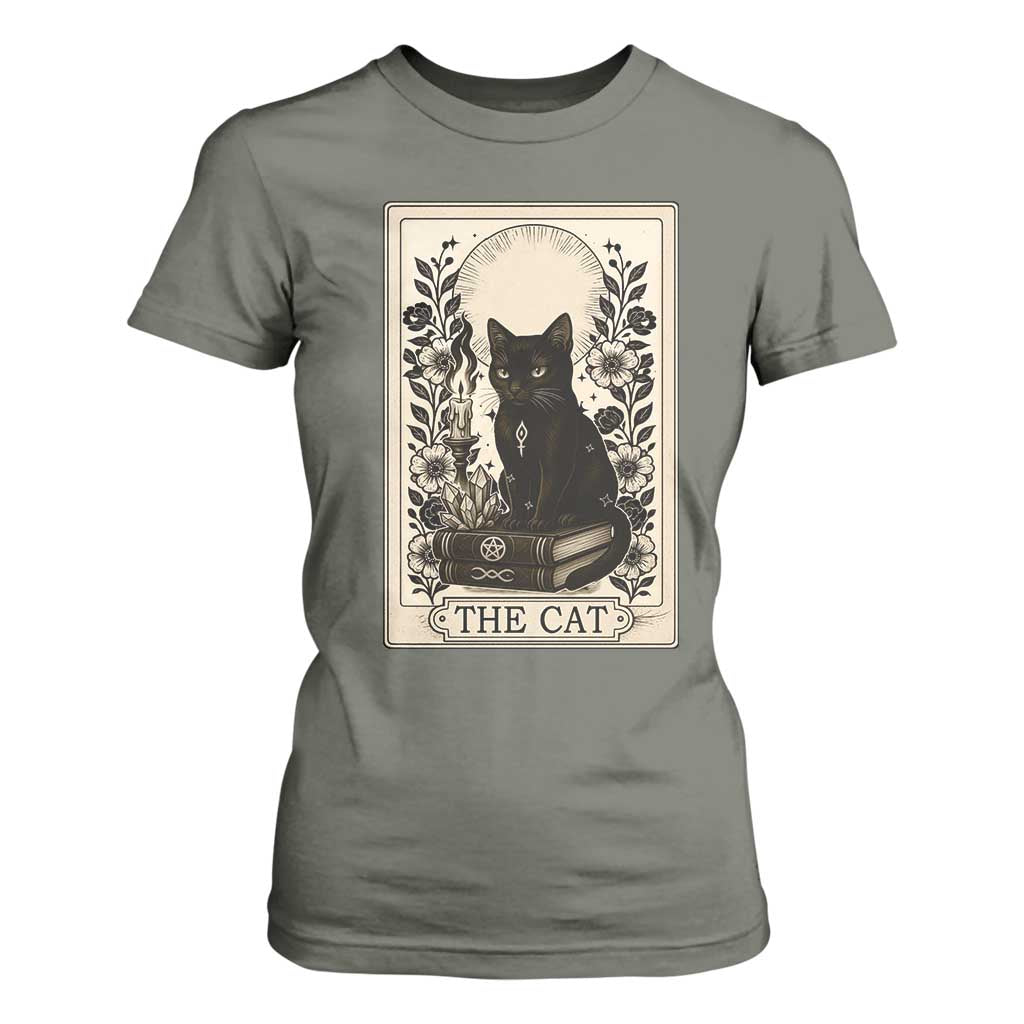 Funny The Cat Book T Shirt For Women Kitty Lover Tarot Card TS12 Military Green Print Your Wear