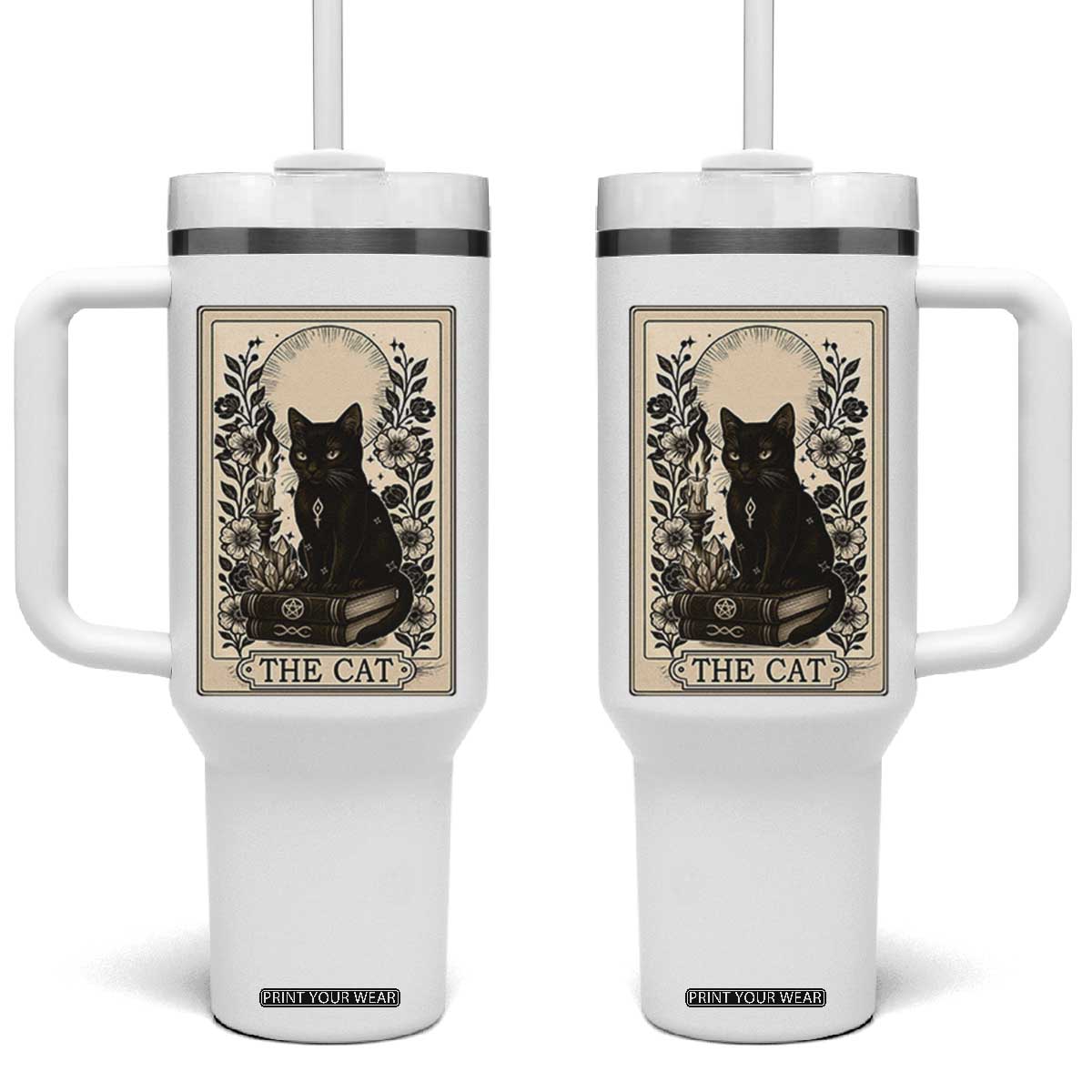 Funny The Cat Book Tumbler With Handle Kitty Lover Tarot Card TS12 One Size: 40 oz White Print Your Wear