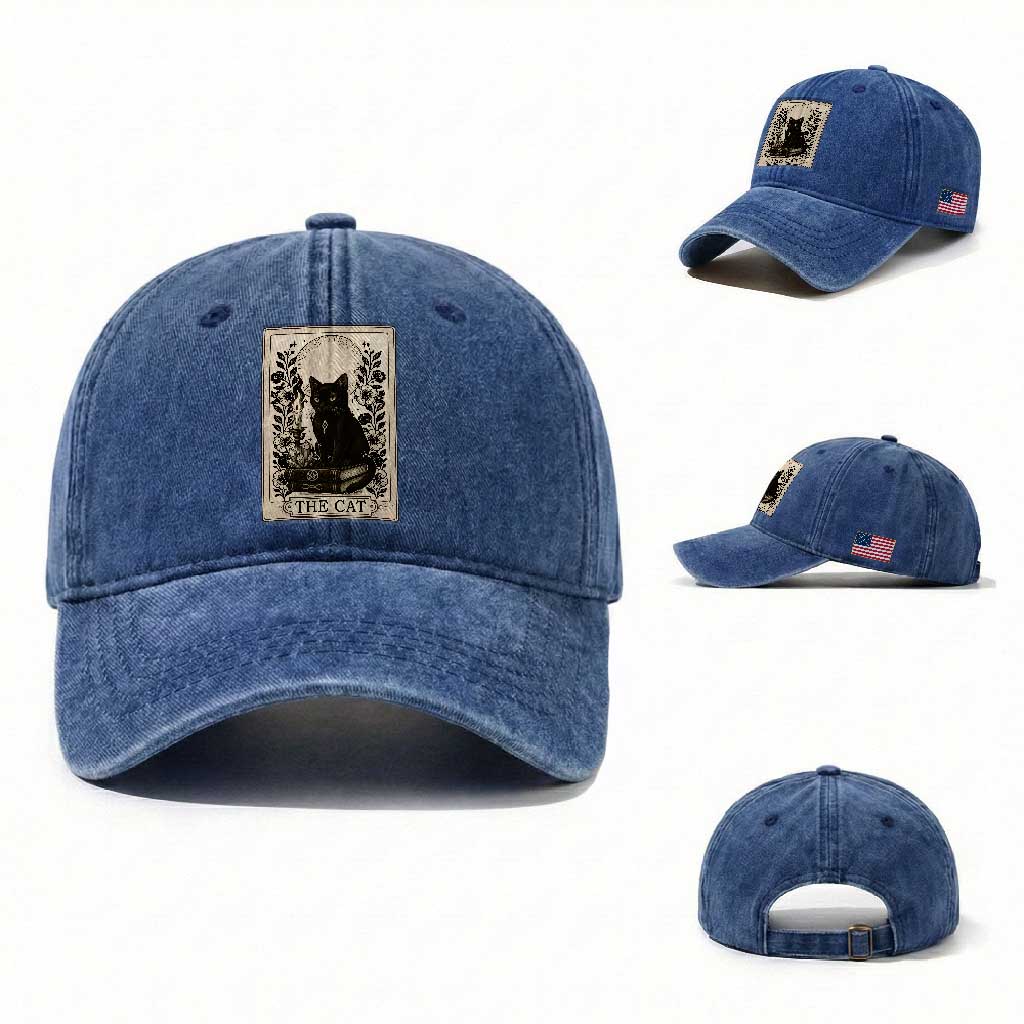 Funny The Cat Book Washed Cotton Baseball Cap Kitty Lover Tarot Card TS12 Washed Cap Universal Fit Royal Blue Print Your Wear