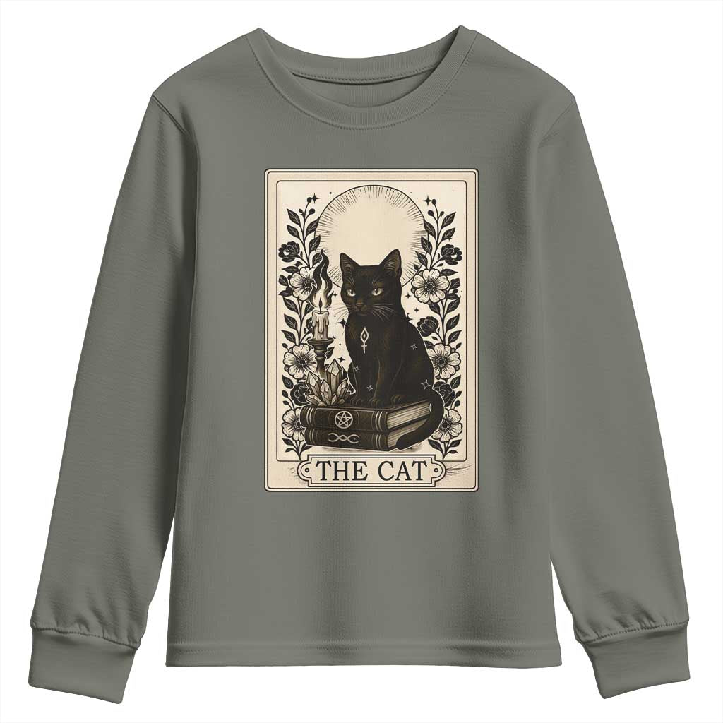 Funny The Cat Book Youth Sweatshirt Kitty Lover Tarot Card TS12 Military Green Print Your Wear