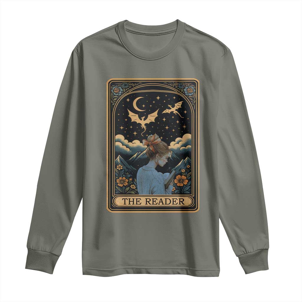 Funny The Reader Tarot Card Long Sleeve Shirt Girl Reading Fantasy Book TS12 Military Green Print Your Wear