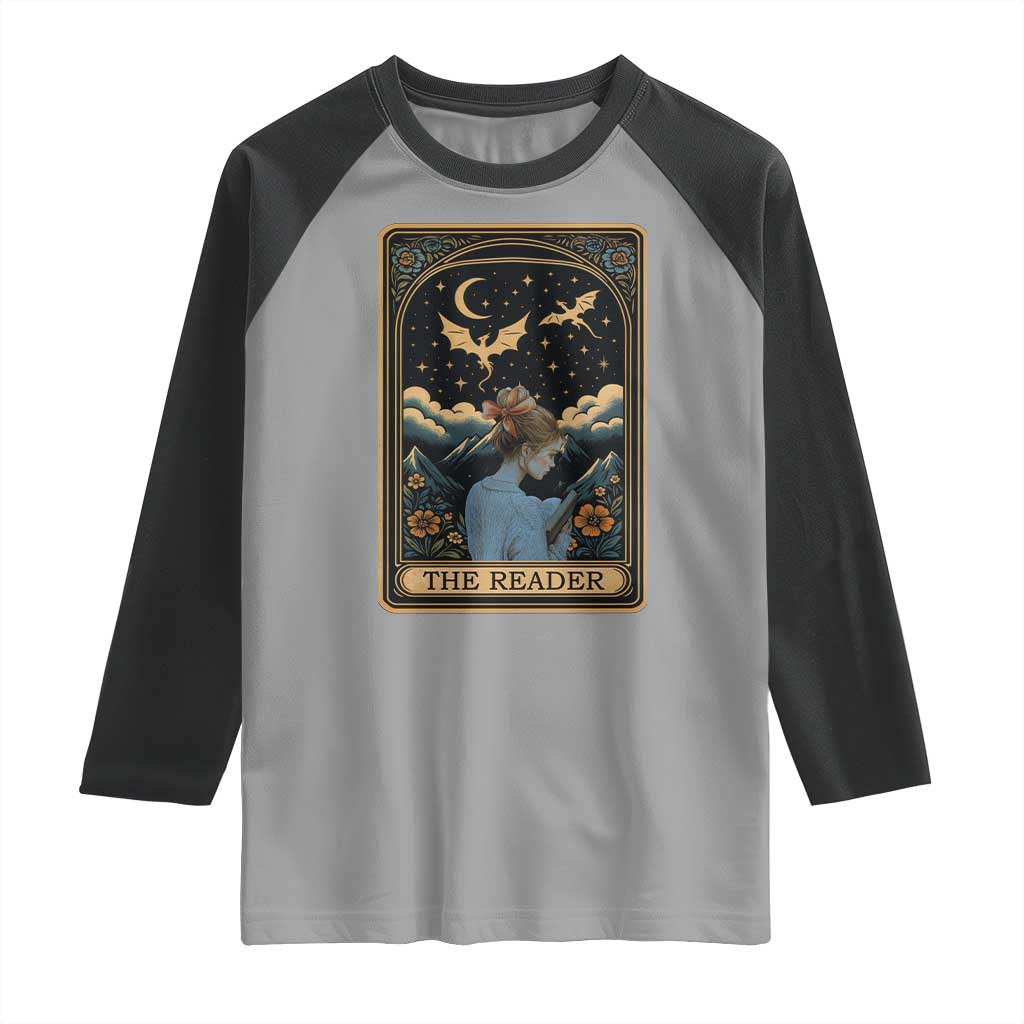 Funny The Reader Tarot Card Raglan Shirt Girl Reading Fantasy Book TS12 Sport Gray Black Print Your Wear