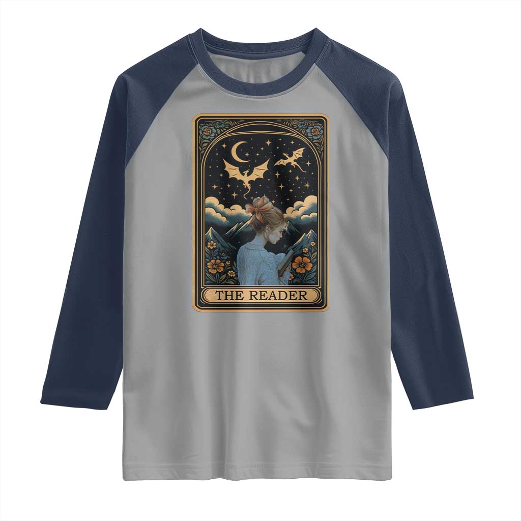 Funny The Reader Tarot Card Raglan Shirt Girl Reading Fantasy Book TS12 Sport Gray Navy Print Your Wear