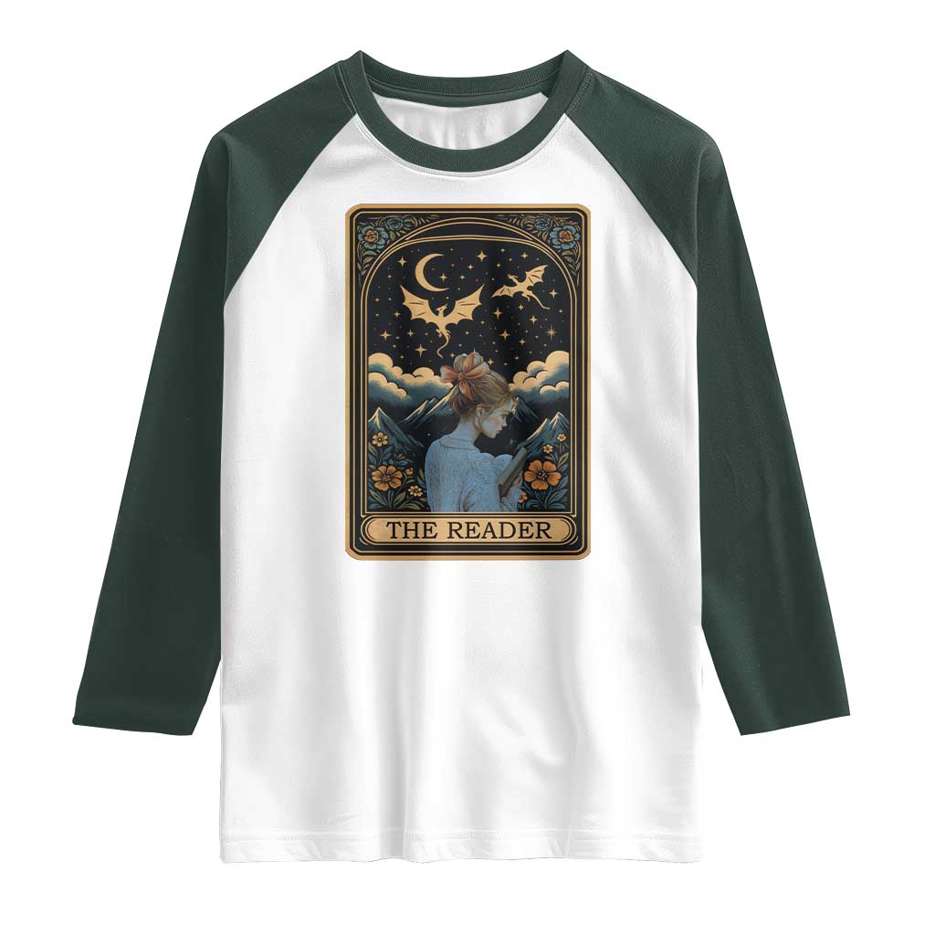 Funny The Reader Tarot Card Raglan Shirt Girl Reading Fantasy Book TS12 White Dark Forest Green Print Your Wear
