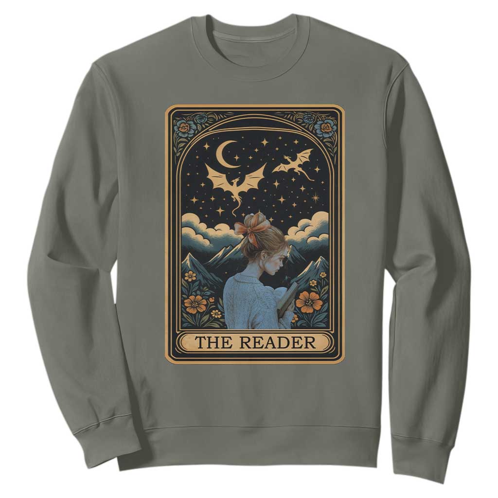 Funny The Reader Tarot Card Sweatshirt Girl Reading Fantasy Book TS12 Military Green Print Your Wear