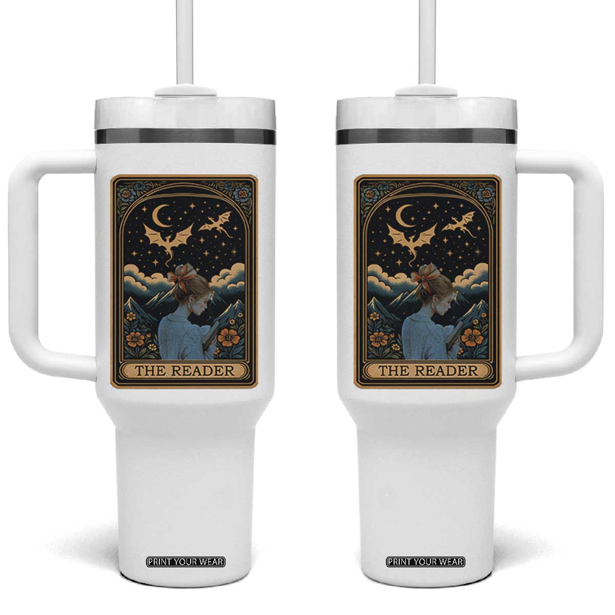 Funny The Reader Tarot Card Tumbler With Handle Girl Reading Fantasy Book TS12 One Size: 40 oz White Print Your Wear