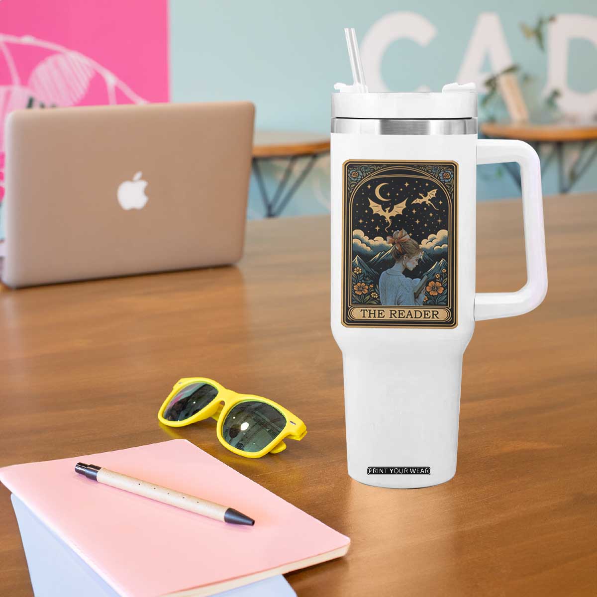Funny The Reader Tarot Card Tumbler With Handle Girl Reading Fantasy Book TS12 Print Your Wear
