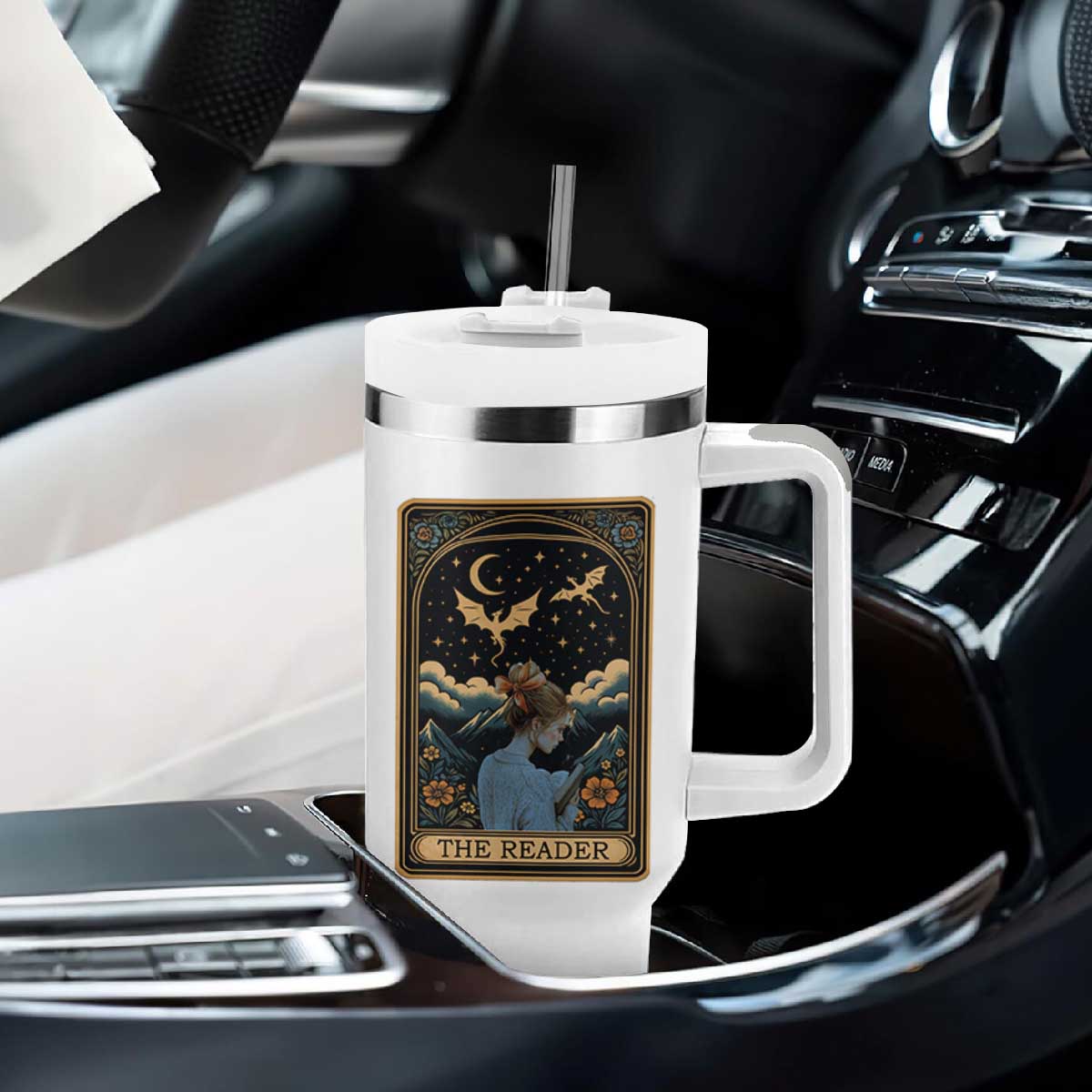Funny The Reader Tarot Card Tumbler With Handle Girl Reading Fantasy Book TS12 Print Your Wear